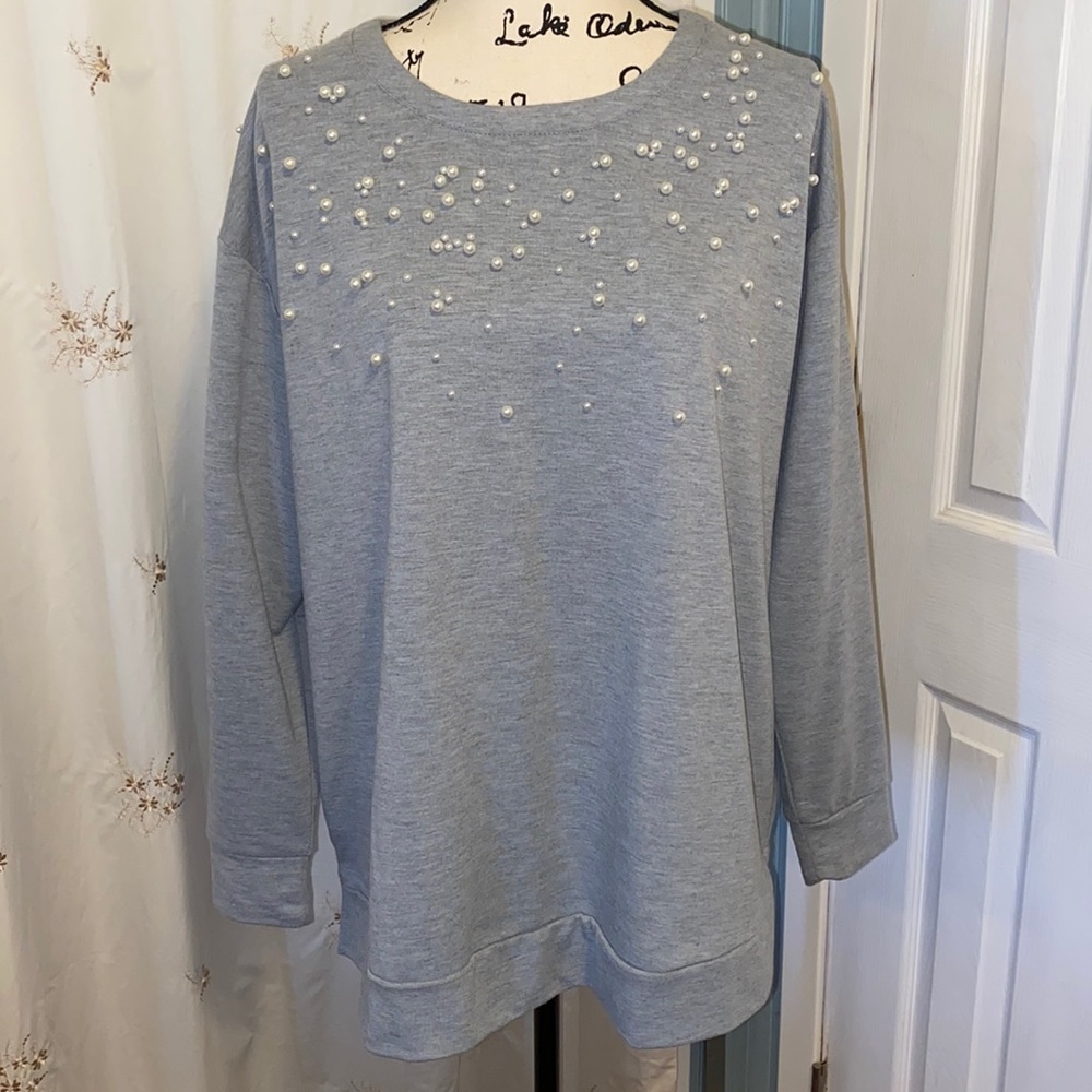 Lane Bryant Light Gray Pearl-Studded Tunic